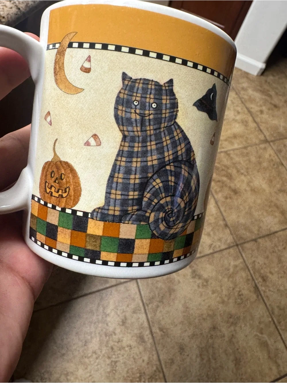 Debbie Mumm Plaid Cat Halloween Ceramic Mug - Orange, Green, Black
